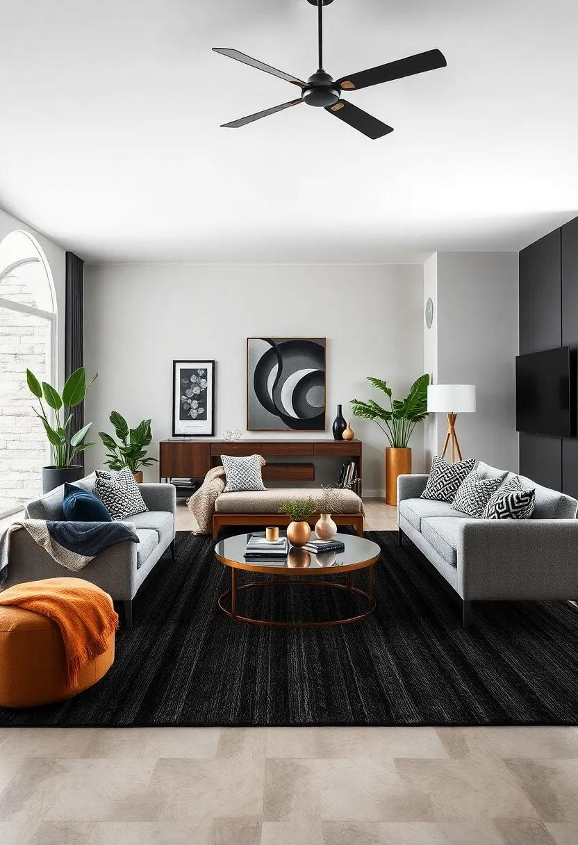Striped ‌Black Area Rug: Ground your living room with ⁣a striped black area rug that creates⁣ a stylish ​foundation for your furniture