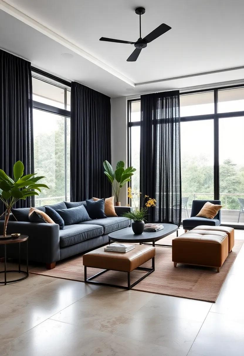 Sophisticated black Curtain ⁣Panels: Add floor-to-ceiling black curtain ​panels that elegantly frame⁢ your windows⁣ while providing ⁣a cozy atmosphere