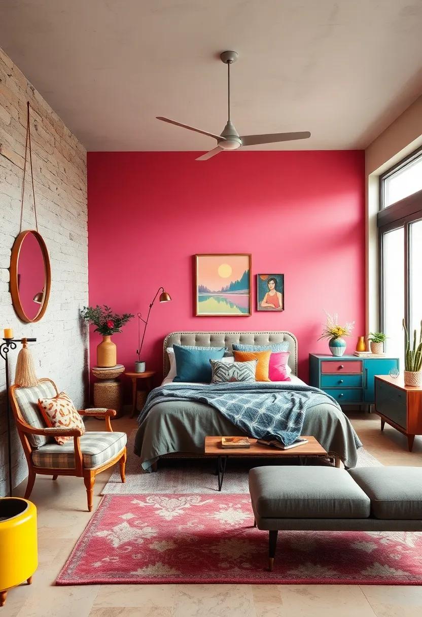 A Vibrant Palette: Explore a ⁣bedroom ⁤with ⁤walls painted‍ in⁢ a kaleidoscope of colors, ⁤paired with mismatched vintage furniture that ‍exudes character and ⁢charm