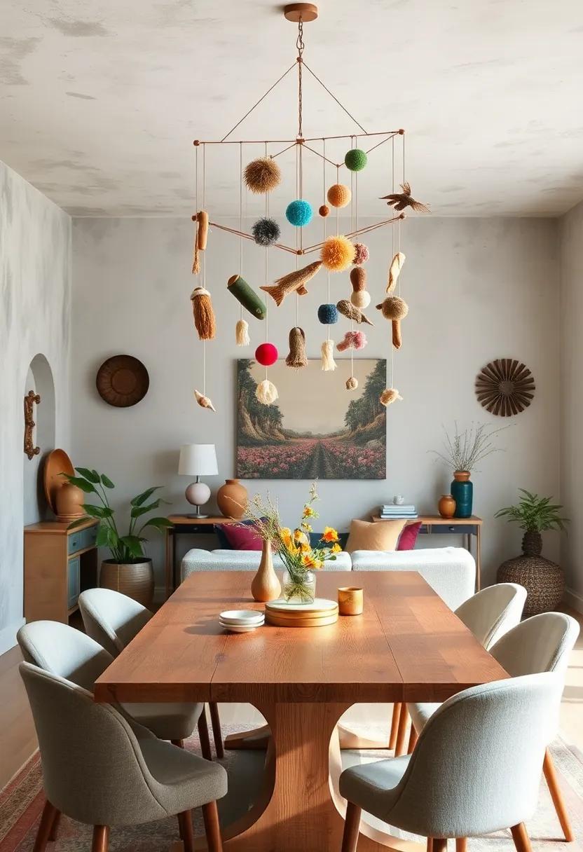 Assemble a whimsical ​mobile of found objects⁤ or crafted pieces to hang above a⁢ dining table, ‌inviting conversation and wonder