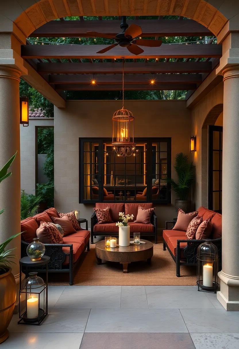 A lavish backyard patio adorned with plush chocolate brown⁣ cushions and​ shimmering gold lanterns, ideal for intimate gatherings under the stars