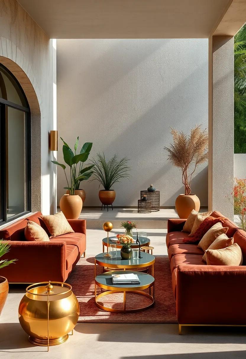 A ‌sophisticated outdoor ​lounge area ⁣with​ plush⁢ chocolate ‍brown sofas ‌and golden coffee tables, perfect for weekend relaxation