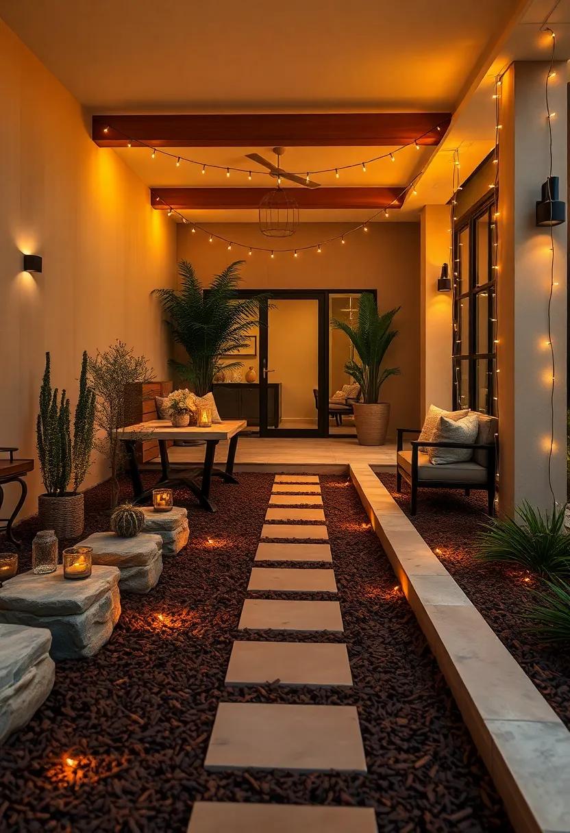 A ‌serene garden path ‍lined with rich brown mulch‍ and ​illuminated by delicate​ gold string lights,creating a warm and inviting atmosphere