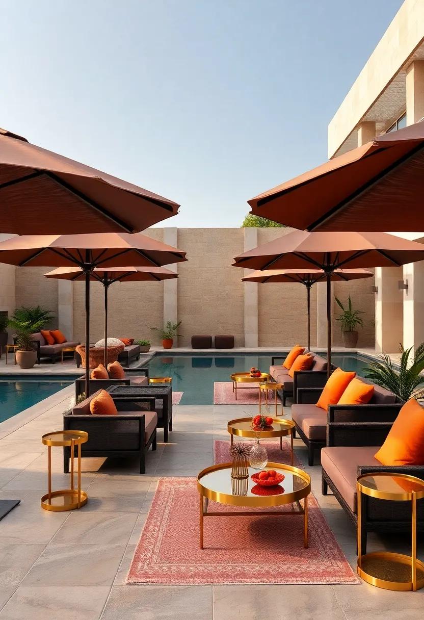 An‍ elegant ⁤poolside lounge‍ decorated‌ with chocolate brown umbrellas and ‍golden side tables, creating a ⁣chic oasis for sunbathing
