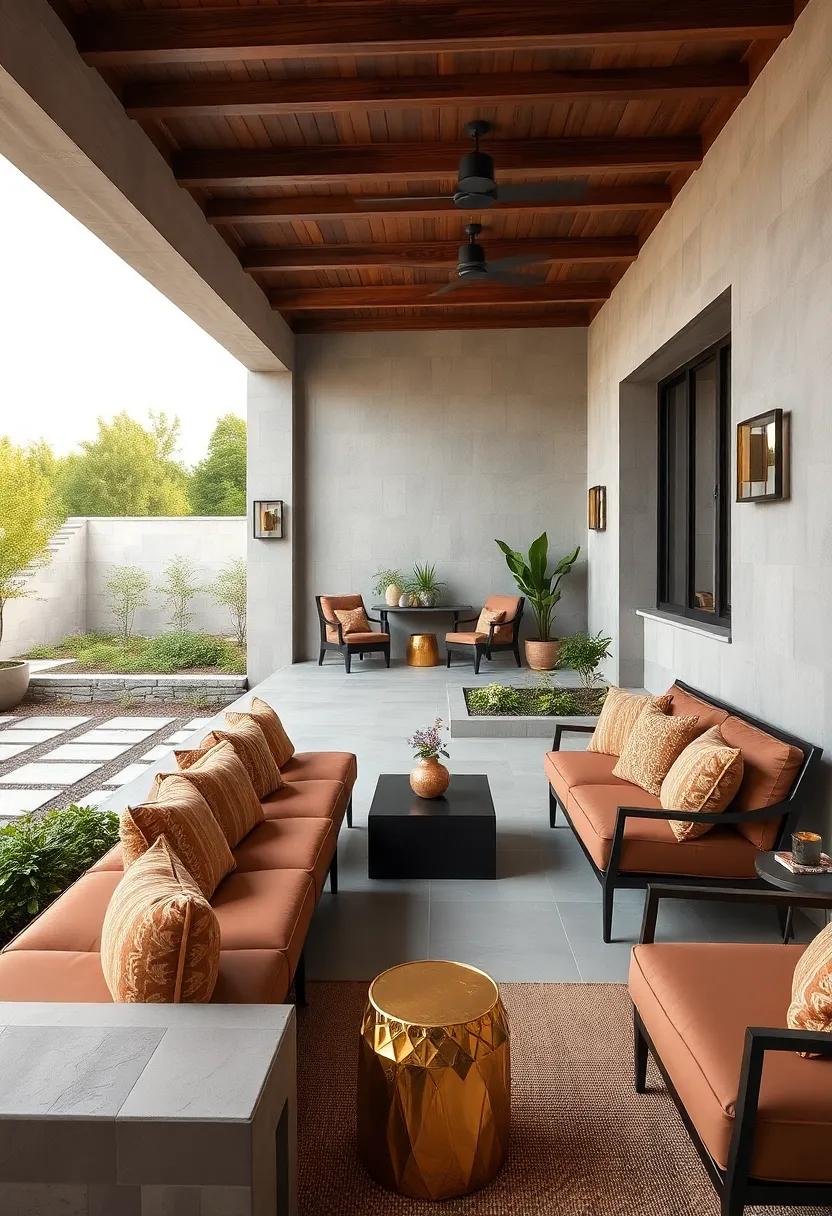A spacious garden with chocolate brown benches and gilded accents in the landscaping, ⁣combining functionality with beauty