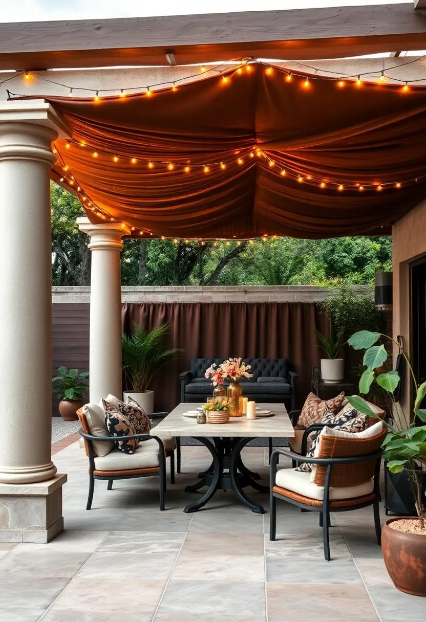 A beautiful ​pergola draped in chocolate brown fabric ⁤and accented ​with golden fairy lights, ‍creating an ⁤intimate dining space