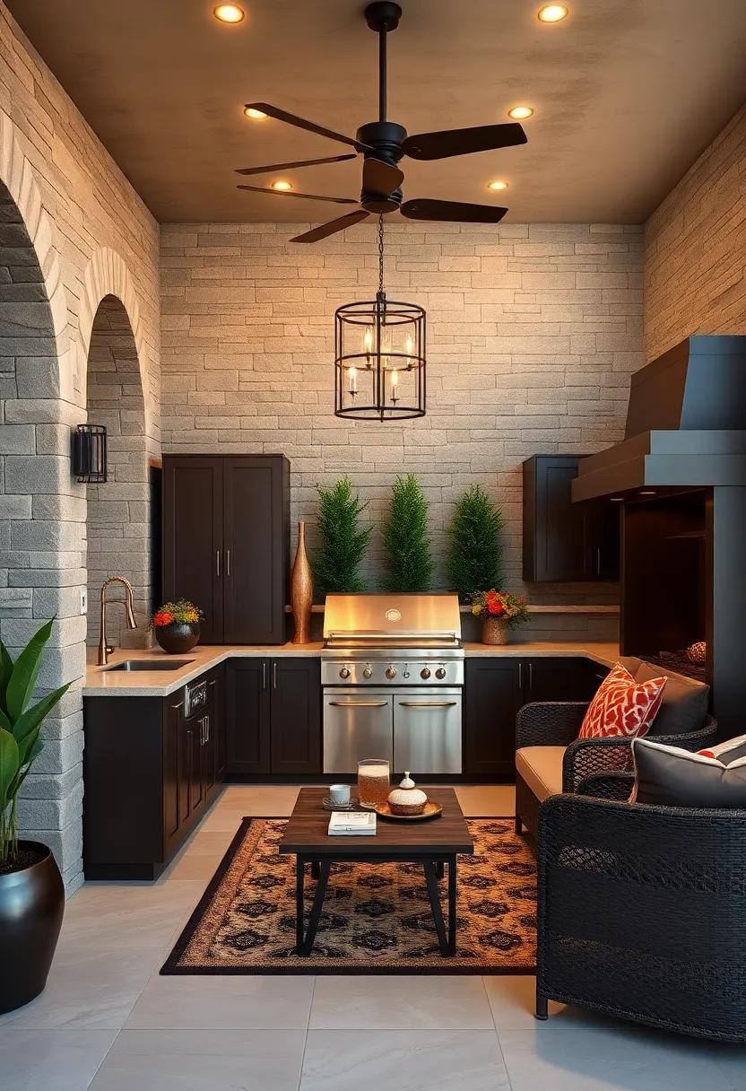 An ⁤upscale outdoor ⁣kitchen equipped with chocolate brown cabinetry and⁢ gold accents ​on appliances, blending functionality with⁢ elegance