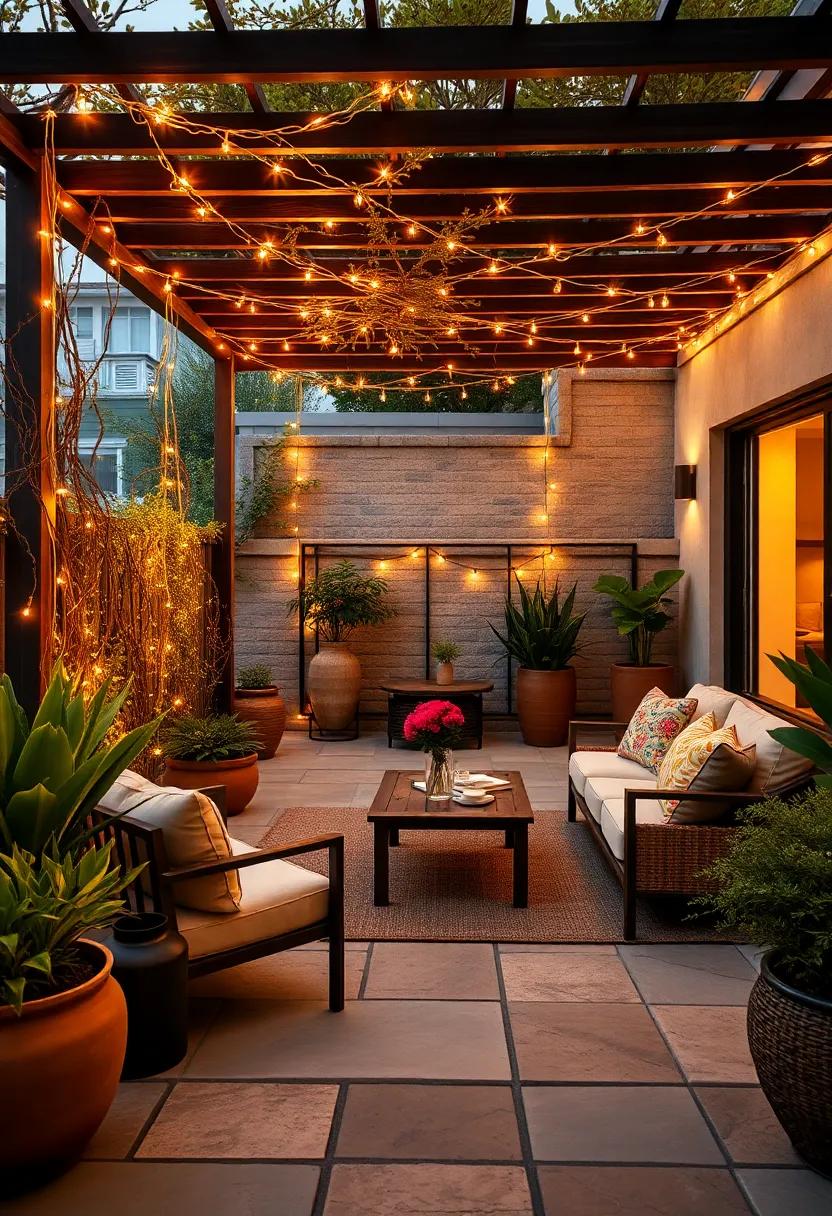 A​ quaint ⁣patio space with a chocolate brown ‍trellis draped in golden fairy lights, adding an enchanting​ glow to ⁢evening ⁤festivities