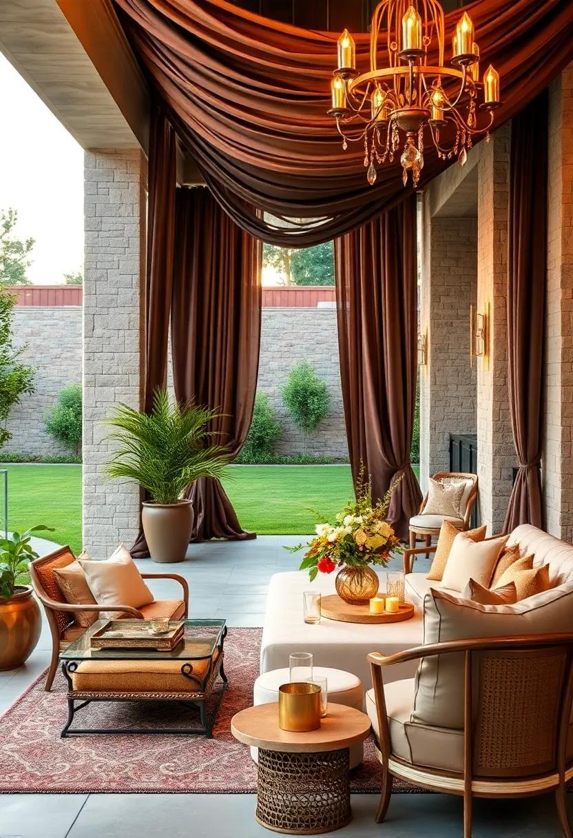 A romantic‌ outdoor wedding setup with chocolate brown drapes and ‍golden centerpieces, setting the stage for ‍a fairy-tale celebration