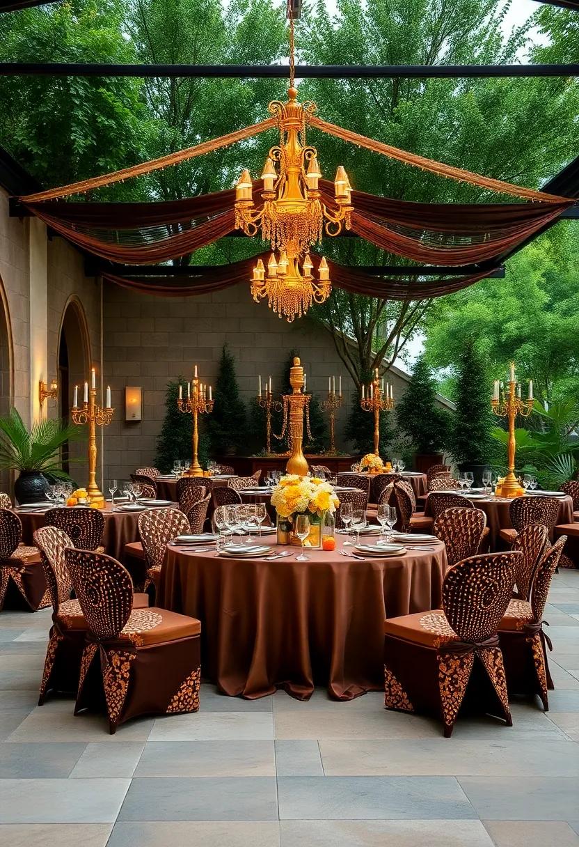 A grand outdoor ballroom setup with chocolate brown sequined ⁤tablecloths and golden candelabras, adding opulence ‌to any event