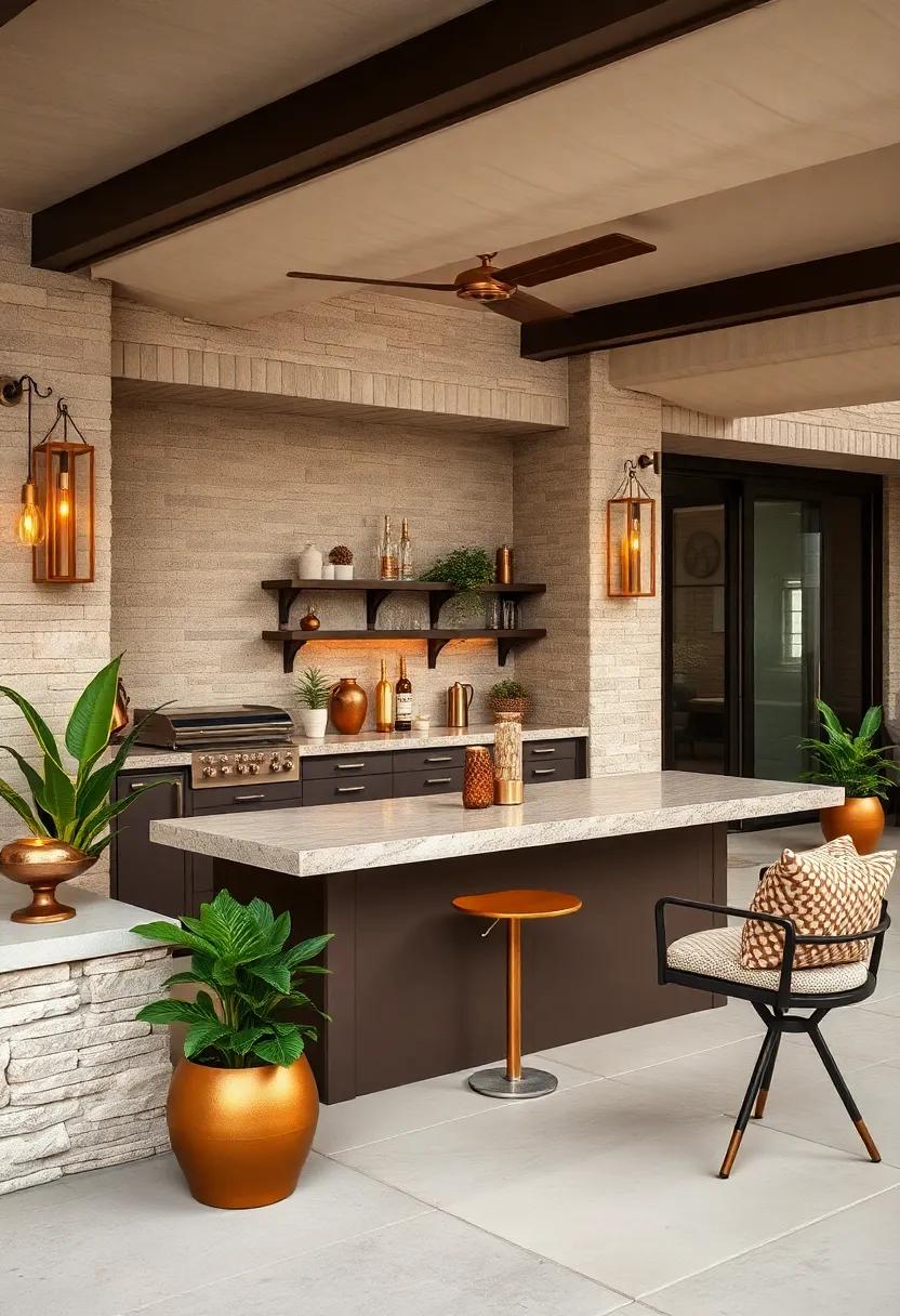 A sophisticated balcony retreat with⁣ brown wicker furniture accented by golden throw pillows, offering a luxurious space to enjoy morning coffee