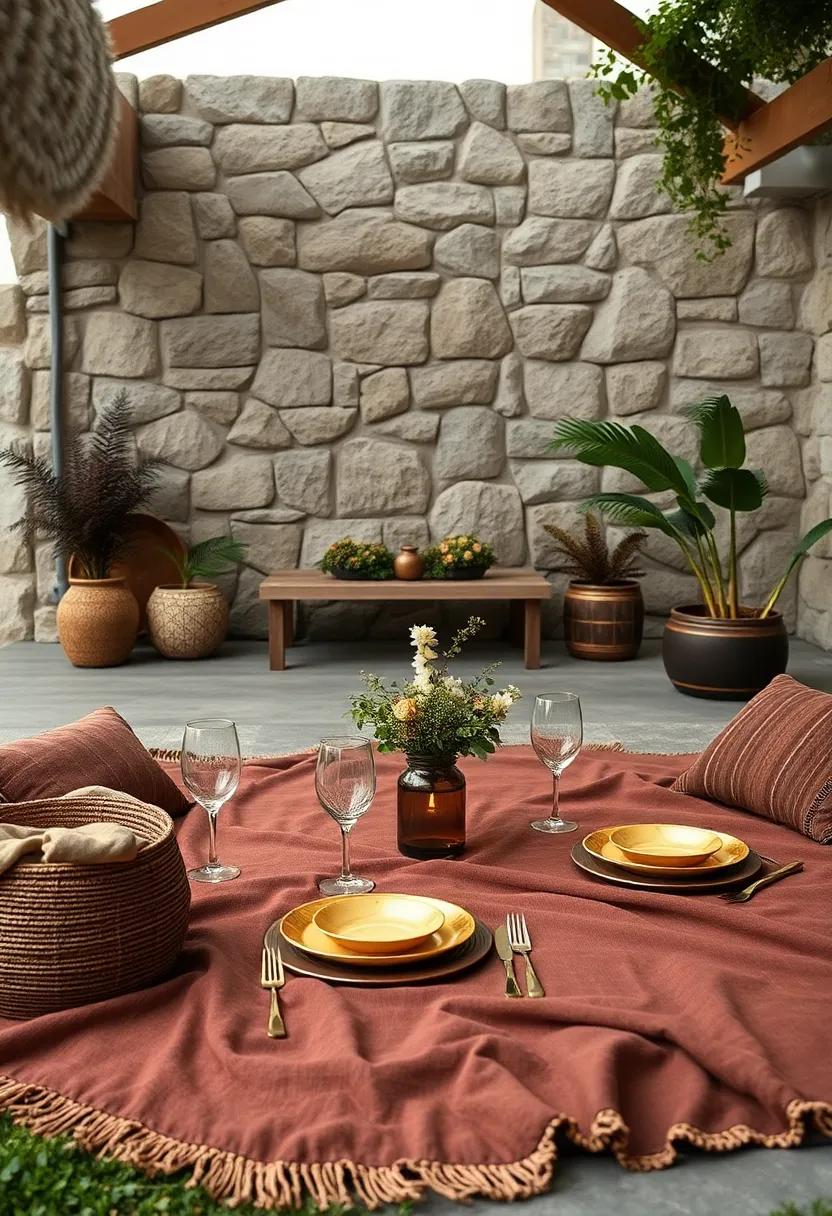 An ‍outdoor dining⁢ area featuring a chocolate-stained wooden table paired with gold-accented tableware, ⁣perfect for alfresco dining ⁤in style