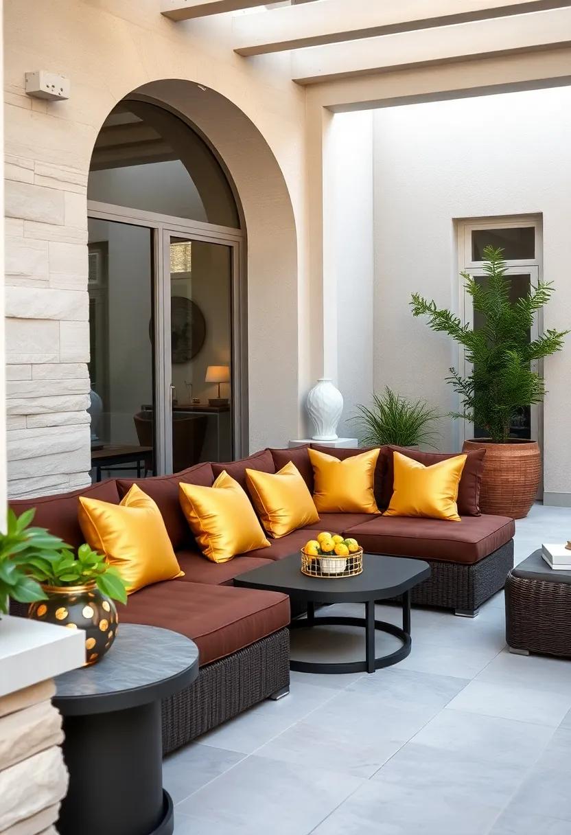 An exquisite‍ outdoor⁢ lounge with a‌ chocolate brown sectional and gold-accented pillows, providing ⁢a perfect spot ​for socializing