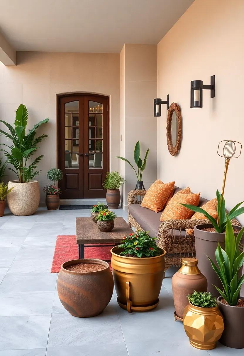 A charming⁢ terrace ​with ‍chocolate⁤ brown flower‌ pots and golden gardening tools,⁢ creating a delightful⁤ space for green thumbs