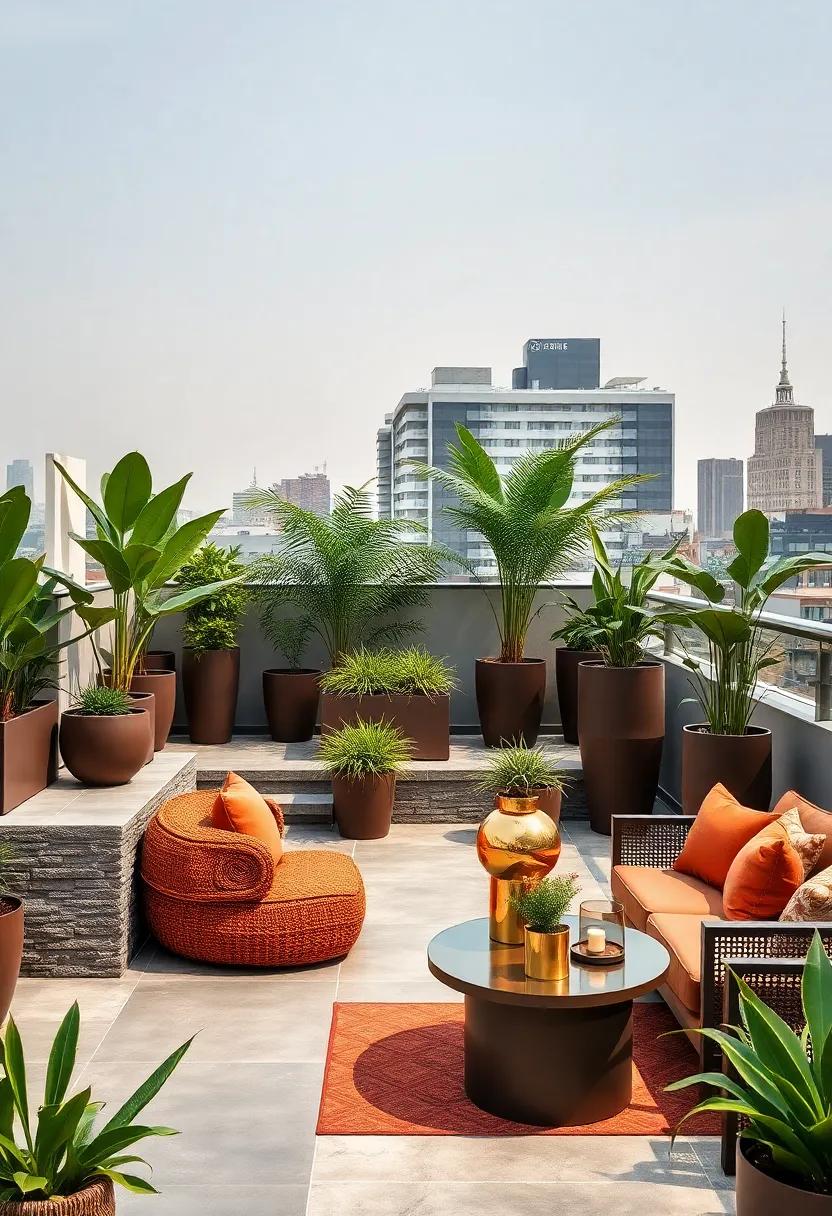 A vibrant rooftop garden with ⁢chocolate‌ brown​ planters and golden outdoor art pieces, adding flair‍ to⁢ the urban landscape