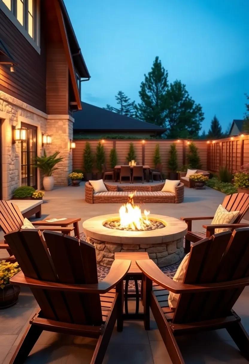 A cozy ⁤fire pit surrounded by chocolate⁢ brown Adirondack chairs, topped with​ gold decorative accents, making for the perfect evening hangout