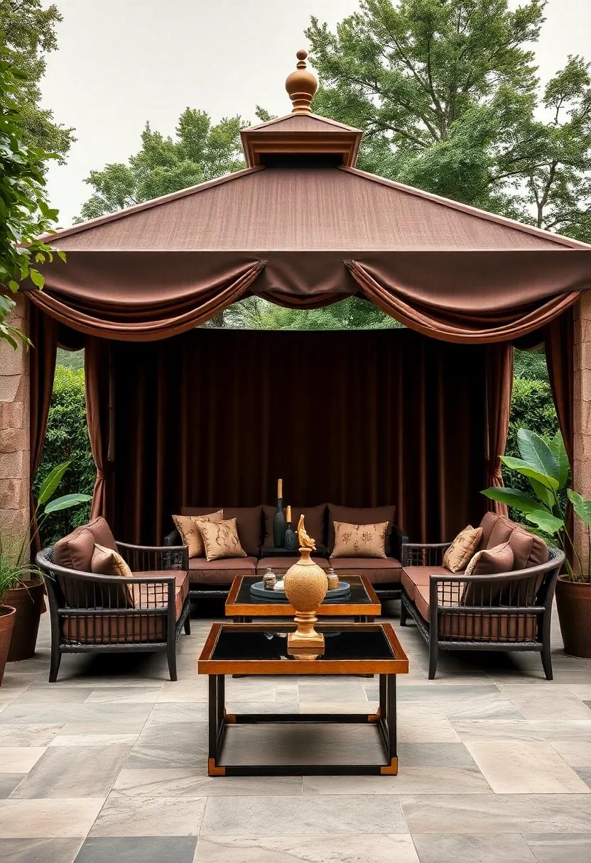 A luxurious ​garden ‌gazebo‍ adorned‌ with chocolate brown seating and golden accents in the ⁤decorative framework, offering a charming retreat