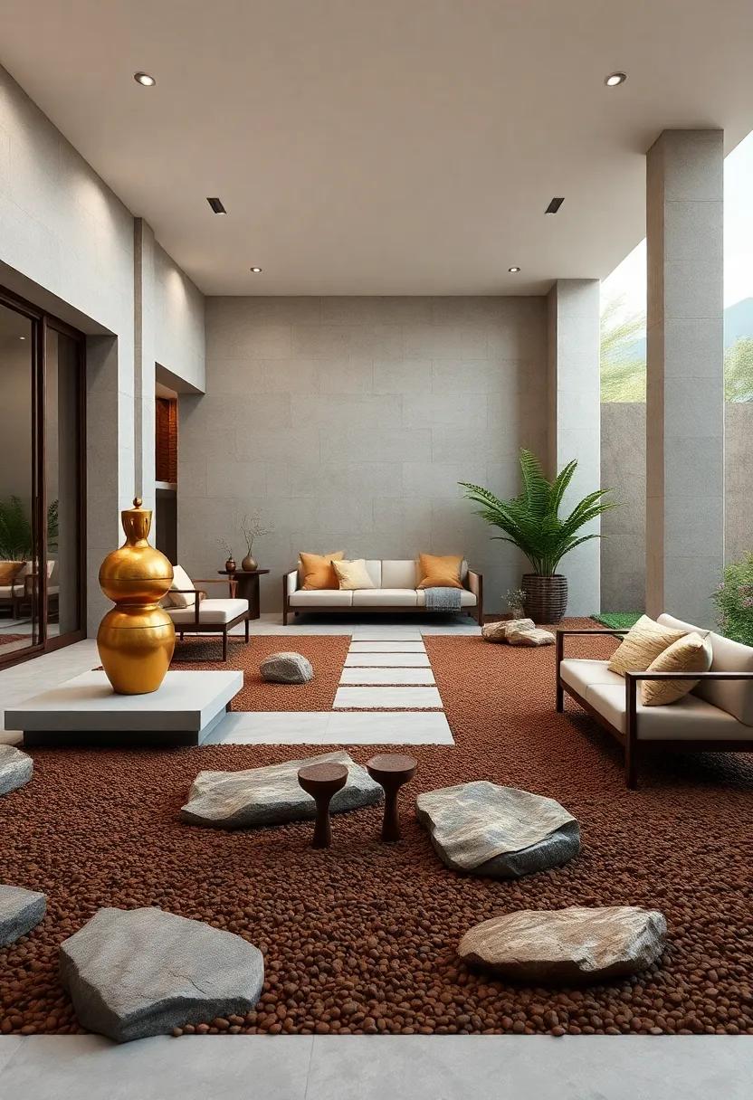 A tranquil zen garden featuring chocolate brown ⁣gravel and golden sculptures,​ serving as a​ peaceful escape for meditation