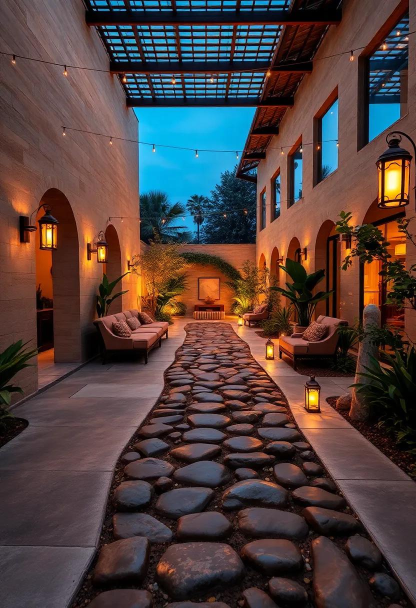 An ⁣enchanting pathway lined ⁣with chocolate⁤ brown stones​ and illuminated⁢ by golden lanterns, guiding guests through a magical garden