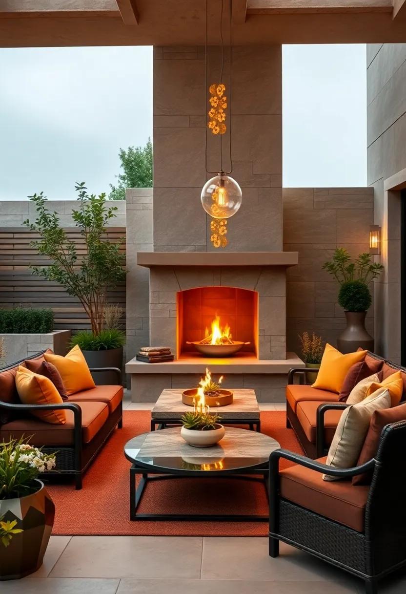 An⁤ artistically designed outdoor fireplace surrounded by chocolate ​brown seating and gold​ decorative⁢ tiles, creating an inviting focal point