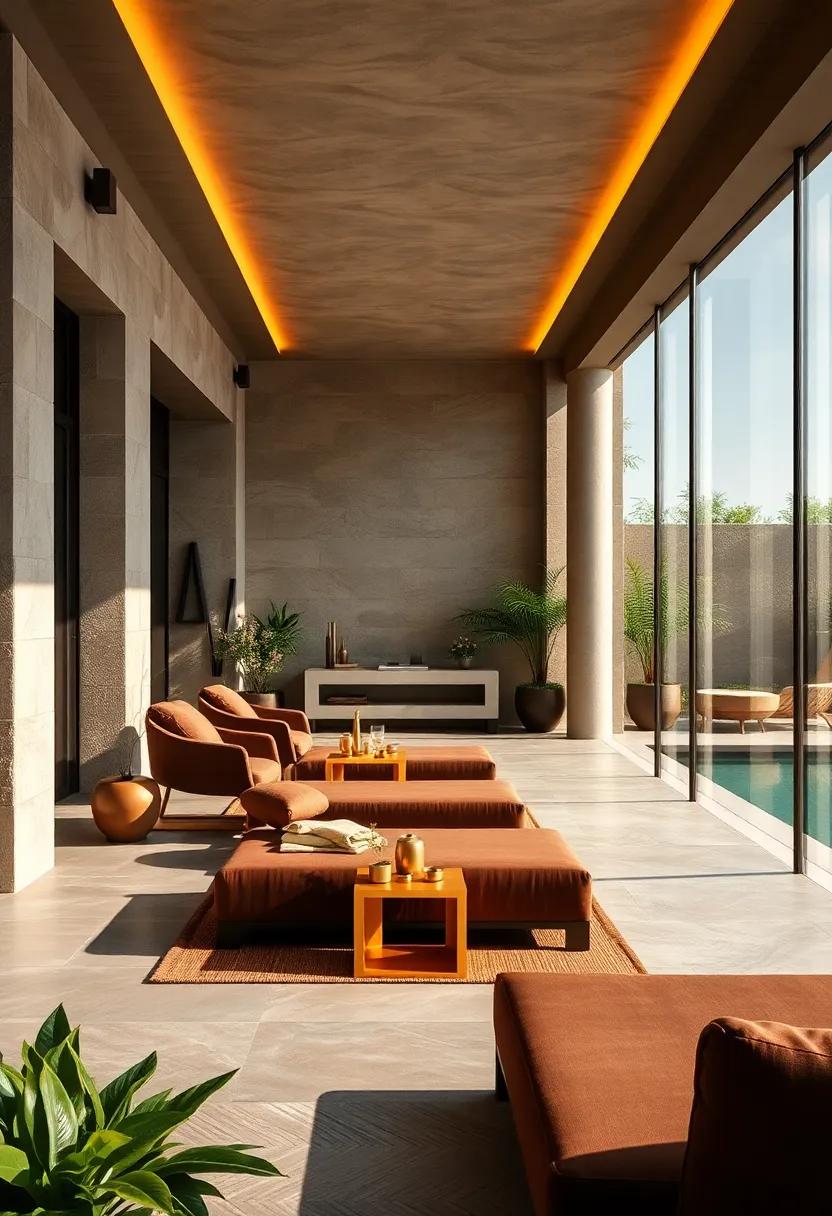 A lavish ‍outdoor⁣ spa area featuring chocolate ‍brown loungers and gold-finished accessories, inviting ‌relaxation ⁢and luxury⁤ in the fresh air