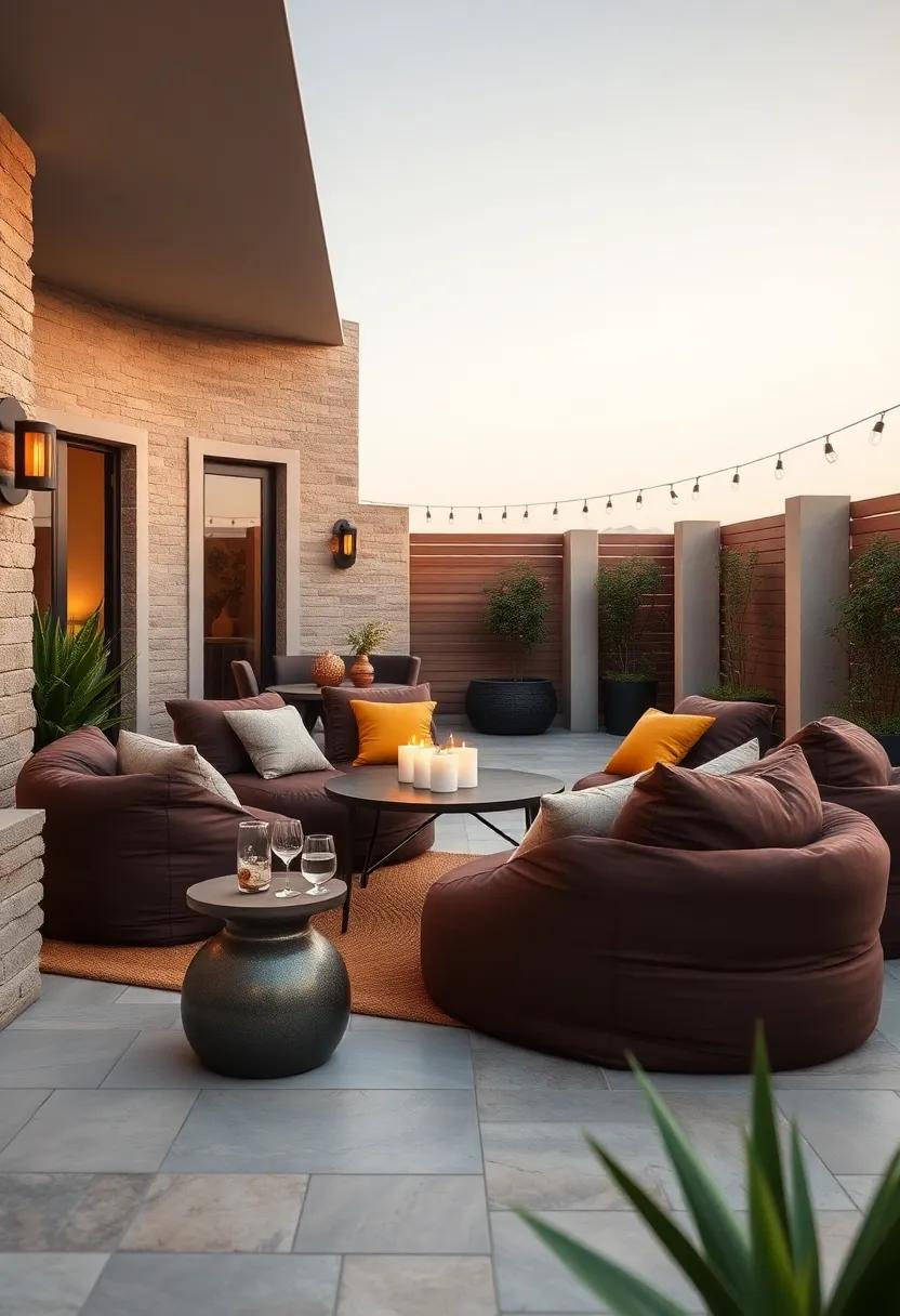 A chic outdoor‌ movie night setup with chocolate brown ‍bean bags and gold accent pillows,creating a⁤ cozy cinematic experience under the stars