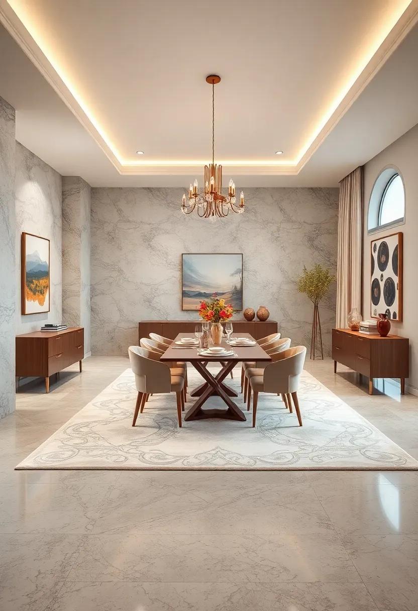 Luxurious Area‍ Rug: An oversized area rug⁢ in ivory tones that anchors the dining area, adding⁢ warmth​ and softness to the ⁤room’s aesthetic