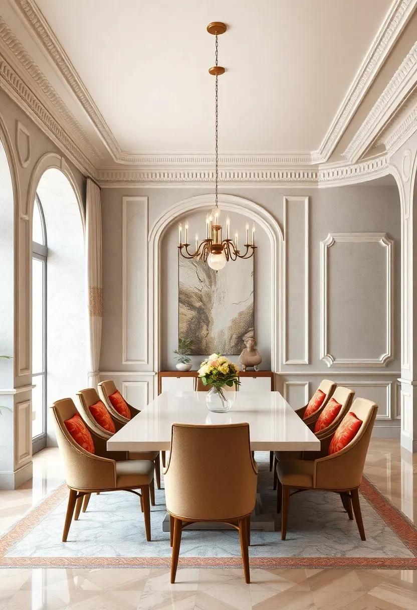 Architectural ⁢Crown Molding: ‍Intricate crown molding that‍ gracefully outlines the dining area, highlighting the room’s‌ height and grandeur