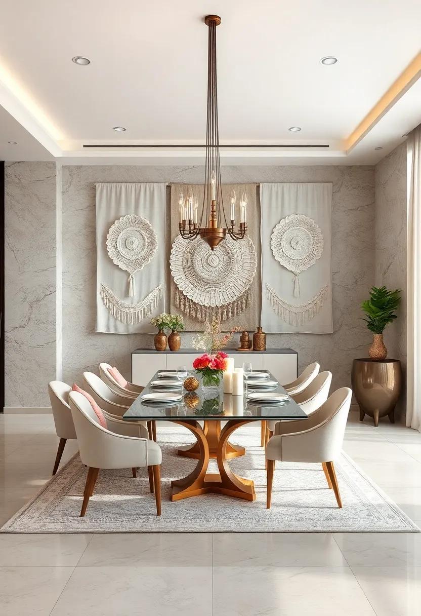 Custom Fabric Wall Hangings: Textile​ art pieces⁣ in shades of ⁤ivory and​ pearl that hang on ⁢the ⁢walls, blending art with ‍the room's luxurious ⁣feel