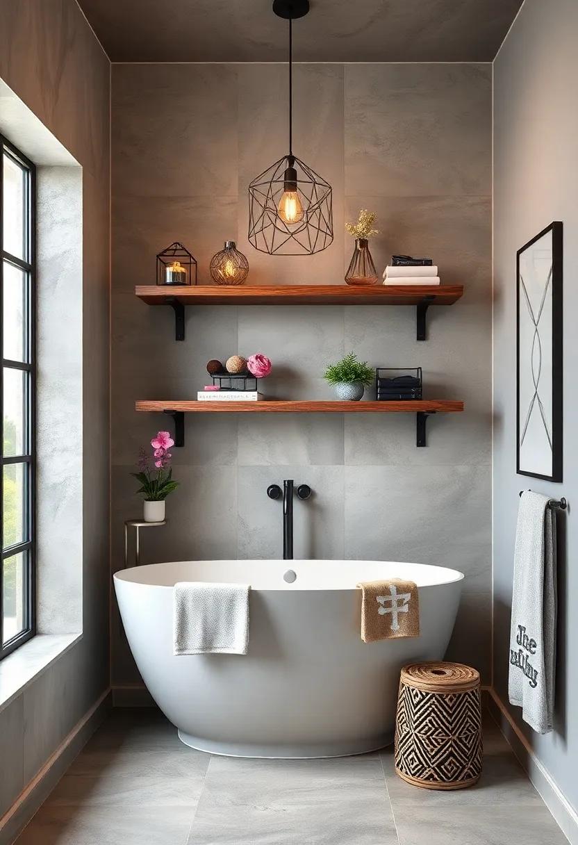 Open Shelving⁤ with geometric Forms: Transform your bathroom with open shelves made from reclaimed wood and⁤ metal brackets showcasing geometric designs