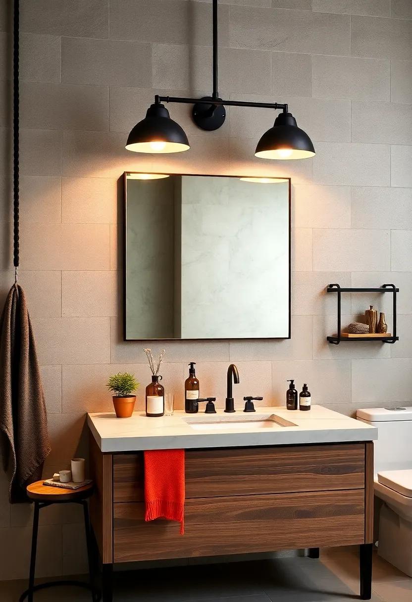 Bold Fixtures: Enhance your industrial vanity with unique, oversized light fixtures that serve as a dramatic focal point above the mirror