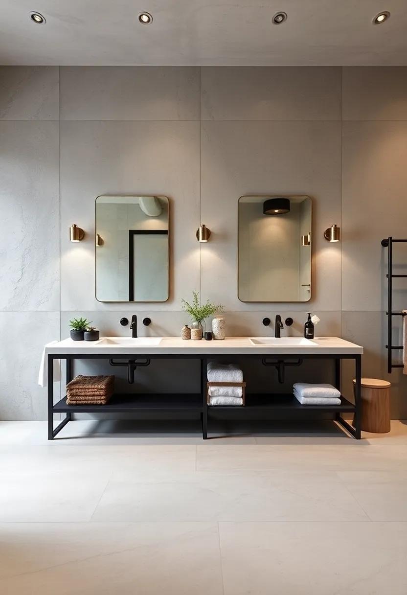 Dual Sink Delight: Consider a double vanity with two separate sinks set in a long, metal-framed base, ideal for both functionality and style