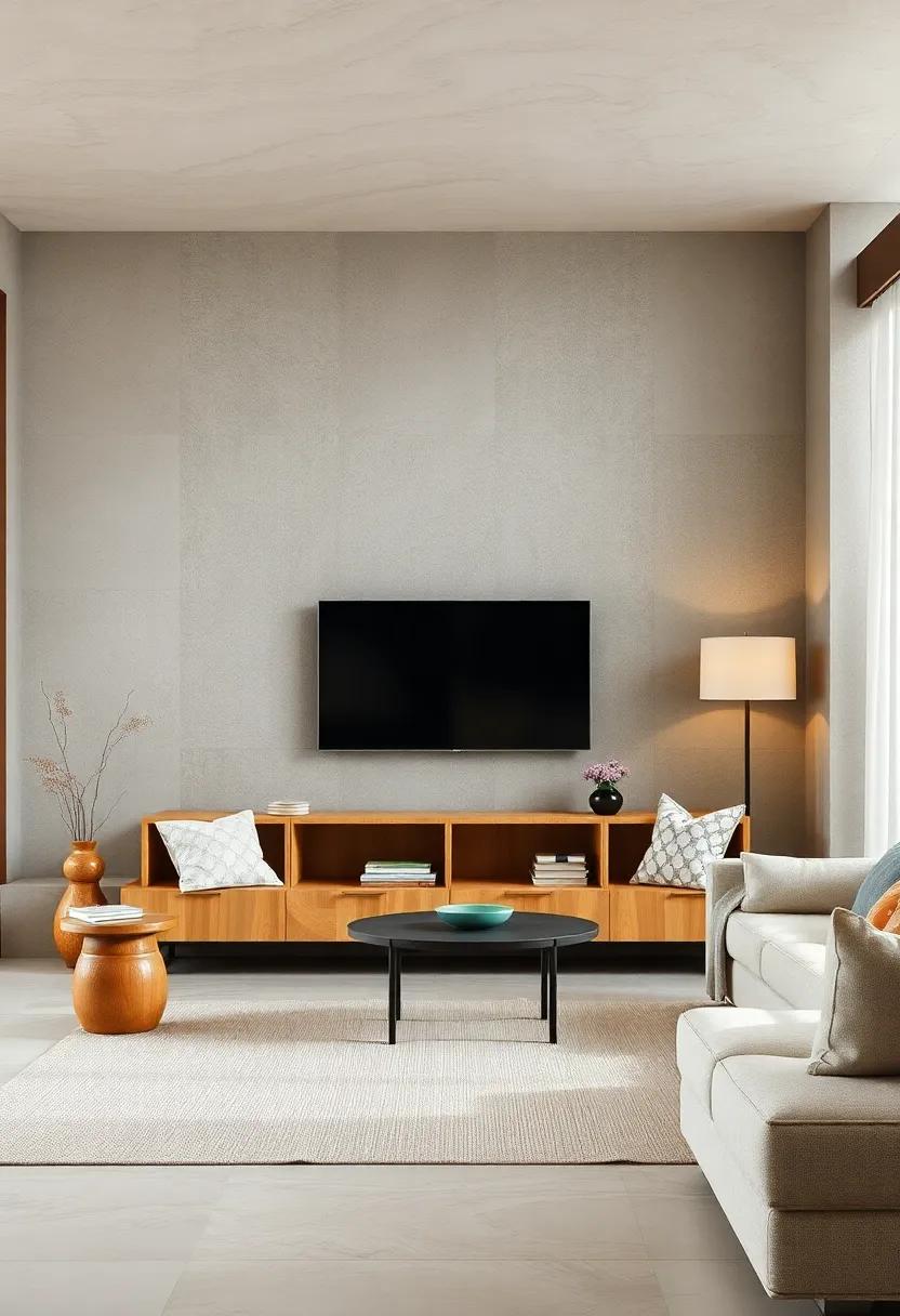 Feature a low-profile shelving unit made from ⁤natural wood to display⁢ books⁤ and ‍decorative items