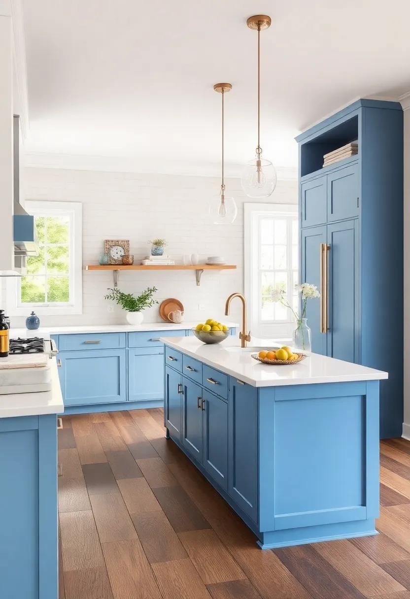 Coastal​ Vibes with Blue ‌Accents: Light⁢ blue⁣ cabinetry on this narrow island ‌brings a breezy beach feel to your kitchen, complemented by⁢ white marble⁤ countertops