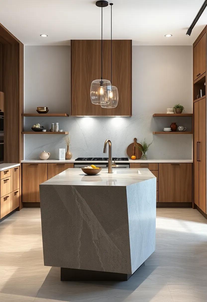 Modern Artsy Design: A sculptural, geometric shape defines⁤ this ⁣narrow island, serving as both a functional workspace and a⁢ striking ‌art piece