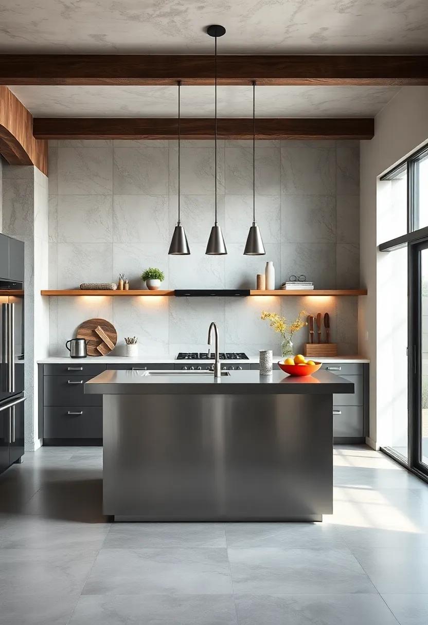 Sleek Stainless‌ Steel Workstation: An industrial-style stainless steel island ‍provides a durable work surface that’s easy to clean and ⁤maintain