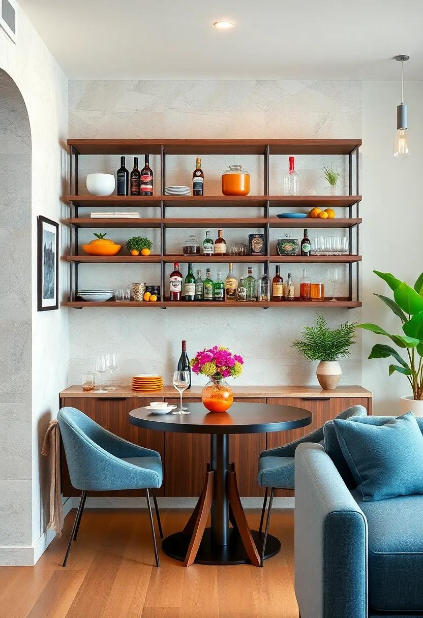 Wall-Mounted Cocktail bar: Transform your open shelving into a​ stylish bar cart by displaying⁢ spirits, glassware, and cocktail accessories with flair, elevating your dining experience