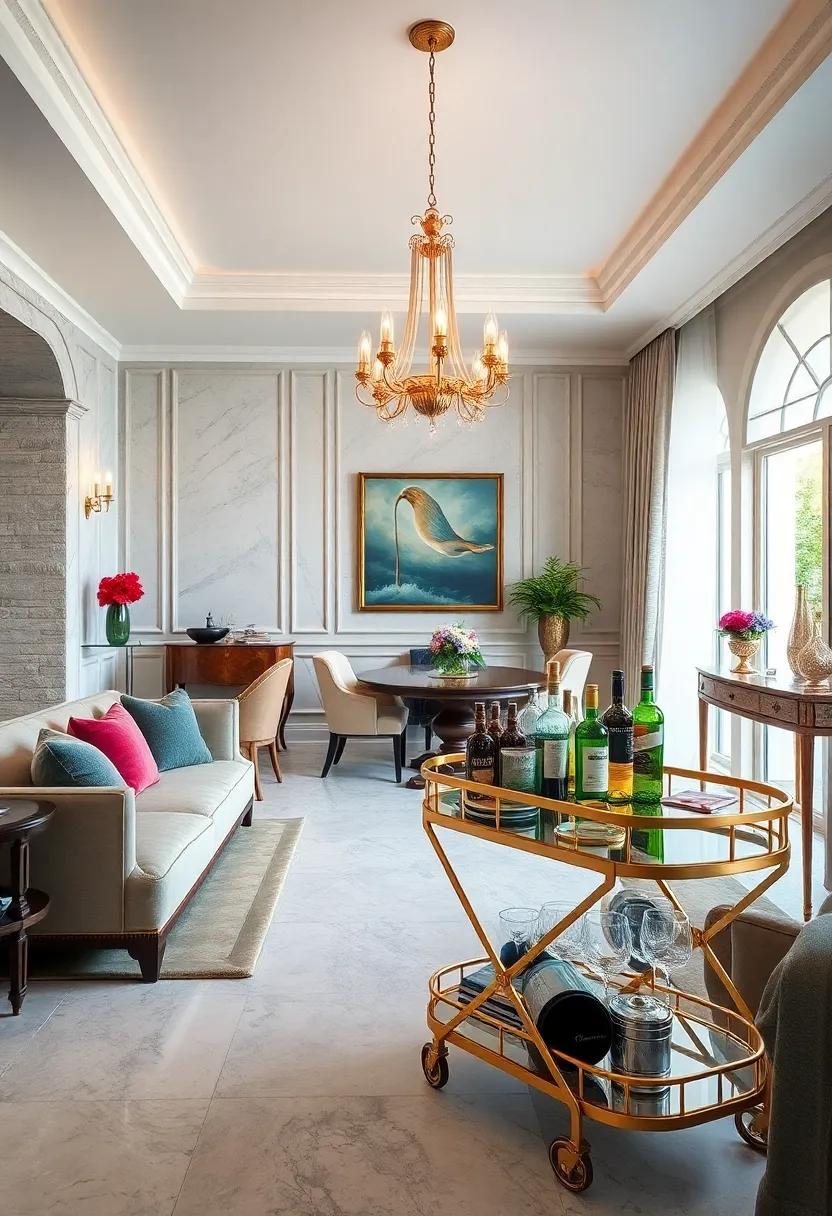 A Fine Bar Cart: A chic bar cart stocked ⁣with quality spirits and glassware serves both‍ function and style, encouraging entertaining with flair