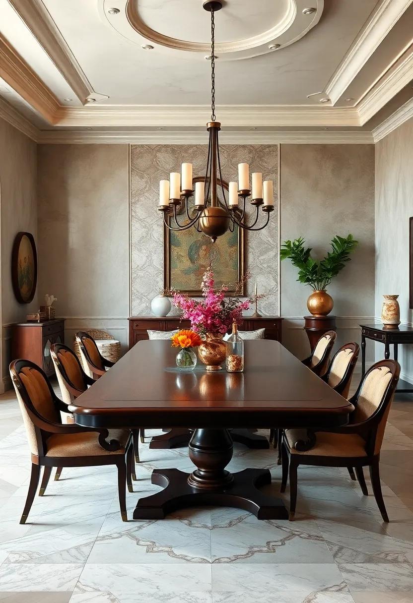 mahogany Dining Table: A rich,dark mahogany dining table ​serves as a strong centerpiece,embodying classic craftsmanship and timeless elegance