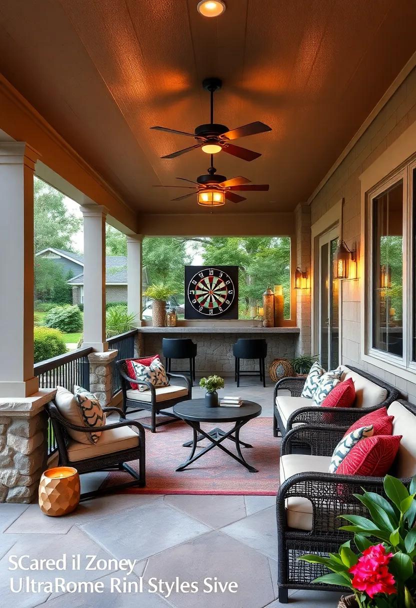 Game‌ zone: Set up a small game area on the porch with a dartboard or a table for card games, ensuring fun and laughter with friends
