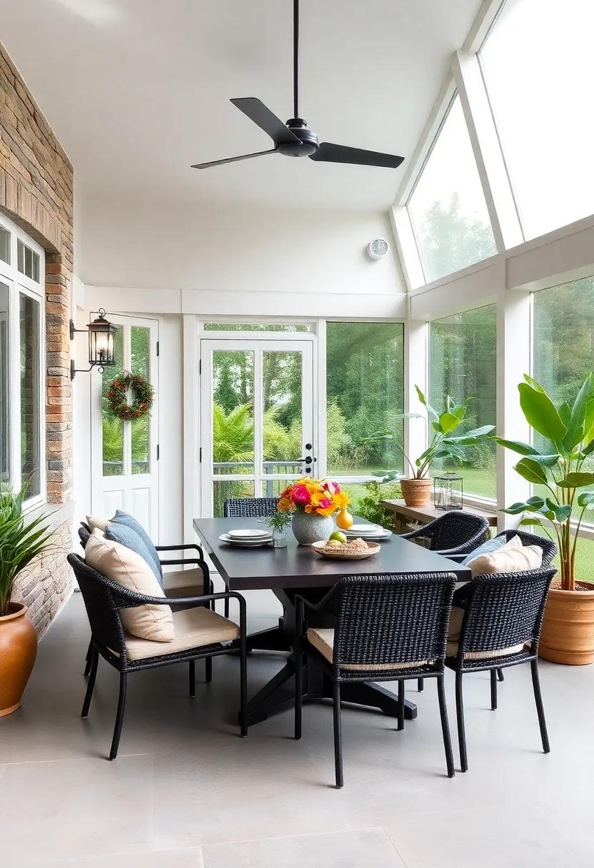 Minimalist Dining Area: Select a simple, modern dining table with sleek lines for meals al‌ fresco, ⁢transforming your screened‌ porch into a functional and chic dining space