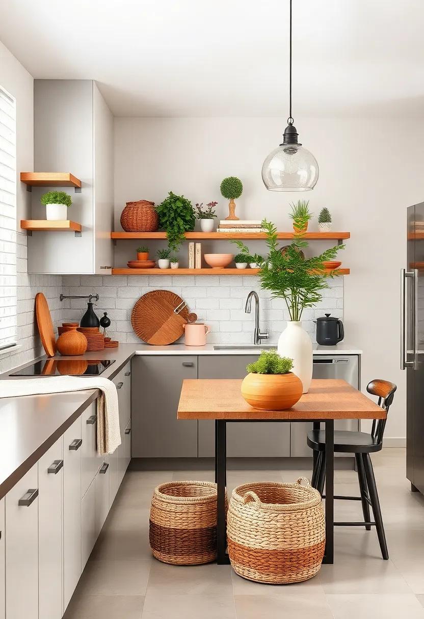 baskets and Bins: Use decorative baskets or bins to corral loose items while adding a touch of texture and warmth to your kitchen