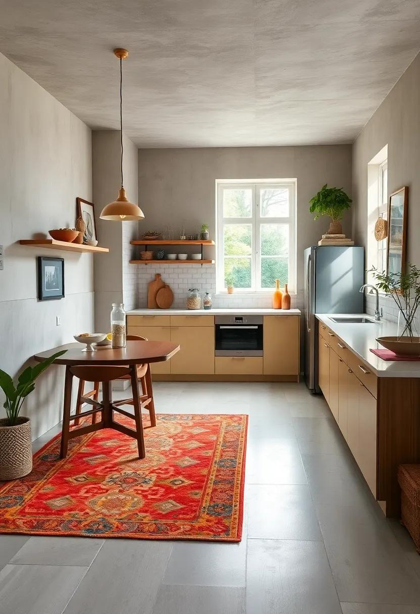 Colorful Rugs: Place a vibrant rug in the kitchen to define your space and inject personality, making the area feel bigger and more stylish