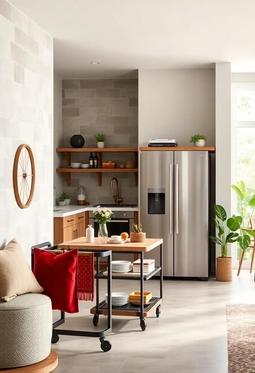 Rolling Carts: Use rolling carts for flexible storage that can be moved around as needed,perfect for maximizing space when entertaining