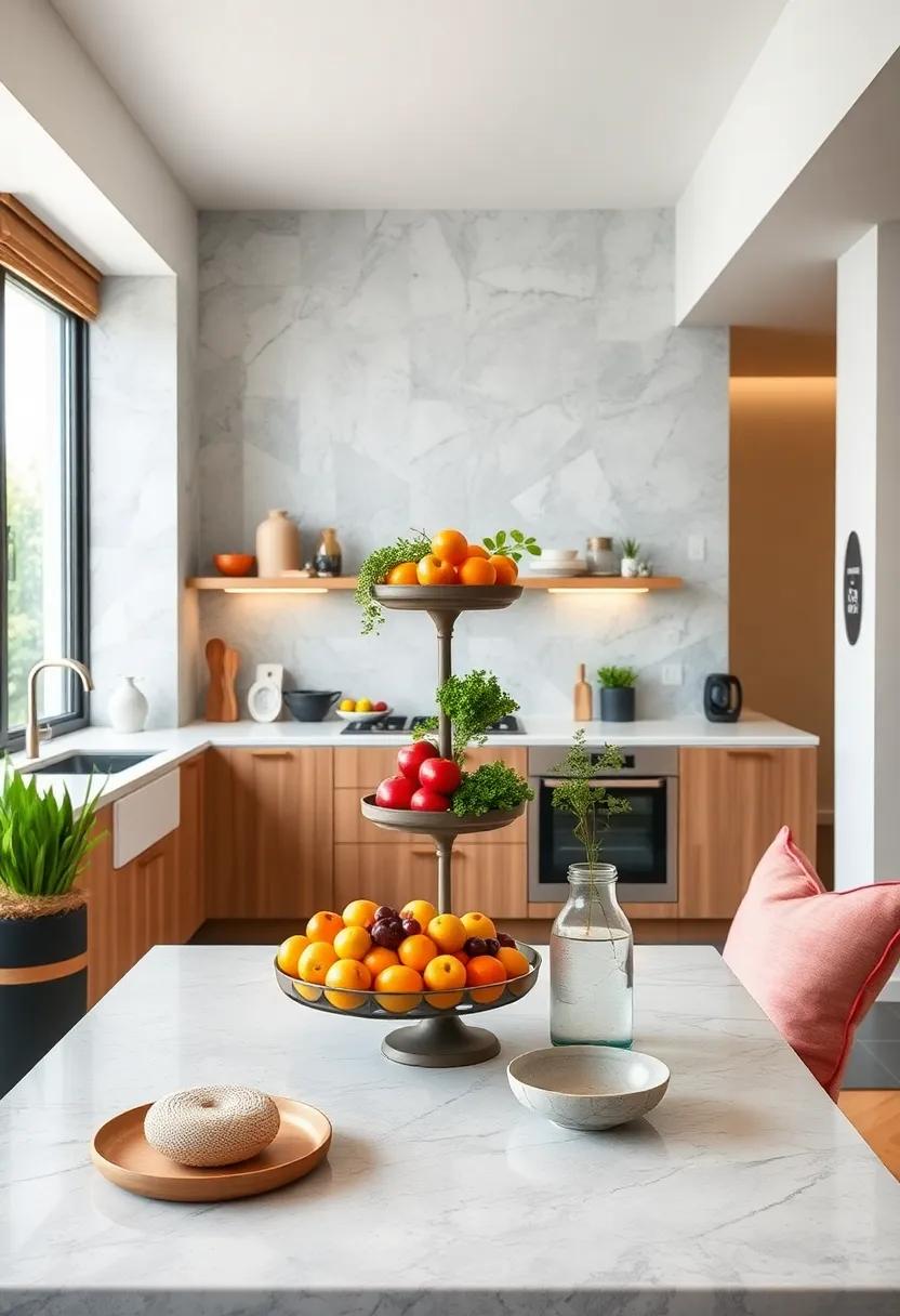 Tiered stands: Use tiered stands for fruits or herbs, making them a centerpiece while also saving counter space