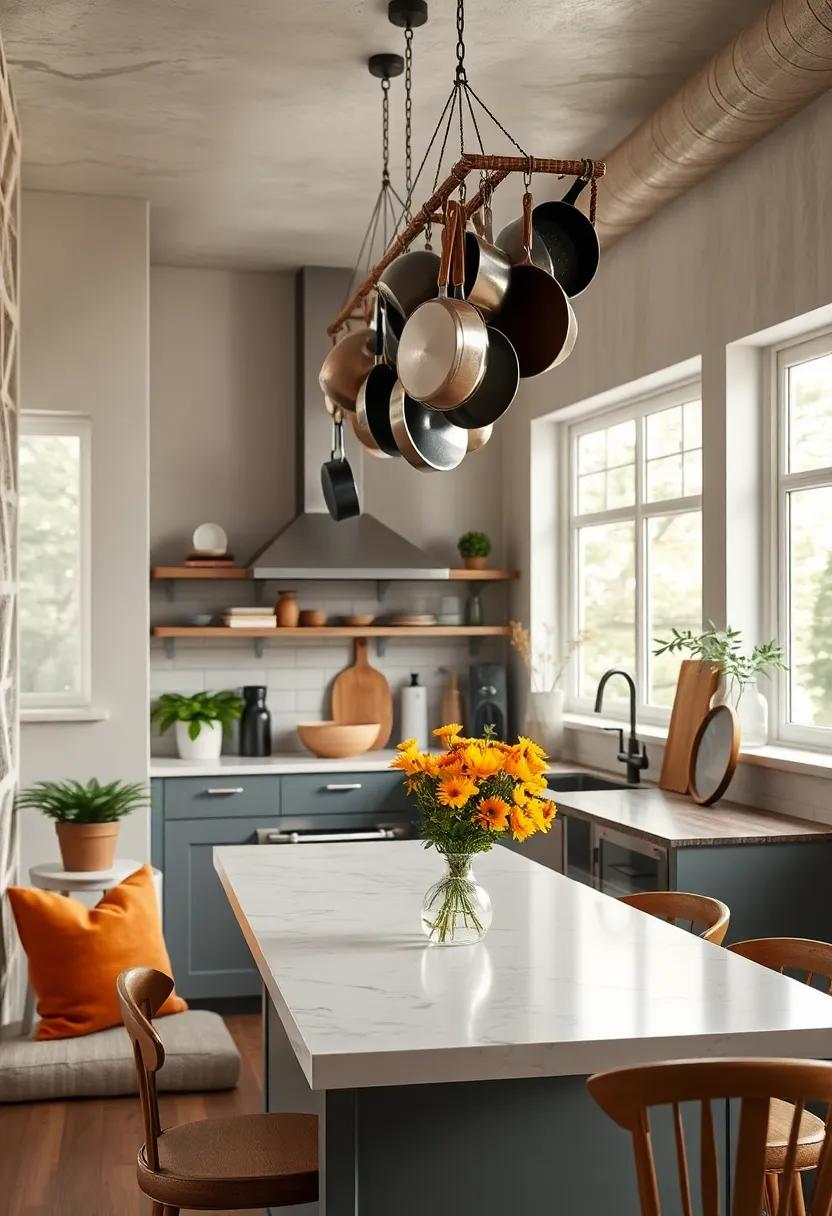 Use Your Ceiling: Hang pots and pans from a ceiling pot rack to free up valuable cabinet space while adding a rustic charm