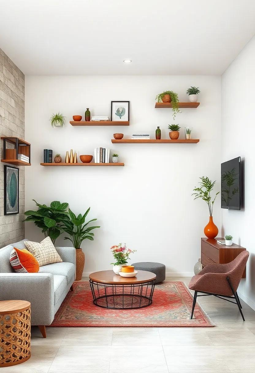 Floating shelves: Use wall-mounted shelves to display books, plants, and decorative items​ without taking up⁣ precious floor space, enhancing vertical storage