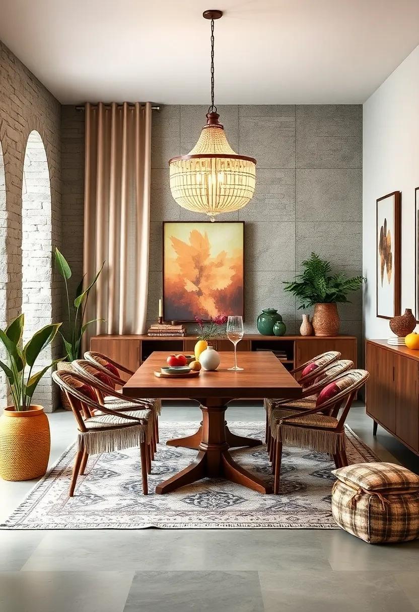 Choose Unique Lighting Fixtures: Hang an oversized chandelier or a pendant with a bohemian flair above the​ dining table to draw ​the eye upward