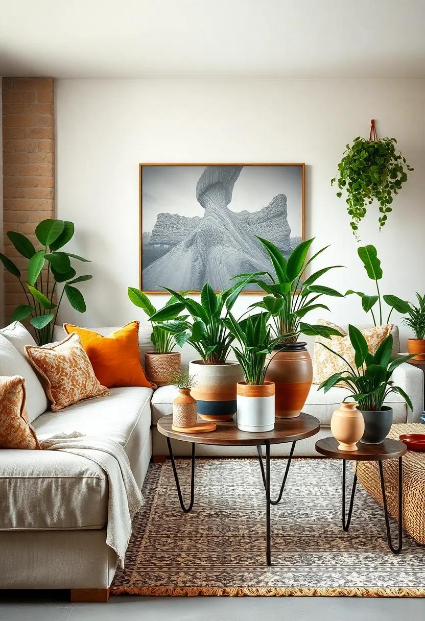 Layer potted plants of varying heights on a vintage side table to add depth and warmth to ‍your living room
