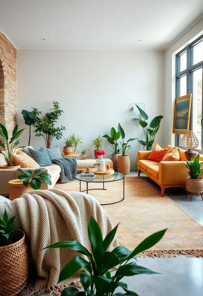 Combine⁢ different ⁣textures,⁢ such as a ‌soft throw blanket and a woven‌ rug, ⁣with greenery for a cozy bohemian retreat
